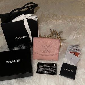 COA Chanel Bi-Fold Wallet Pink Caviar Skin w/Card, Box,gift bag &unbranded chain